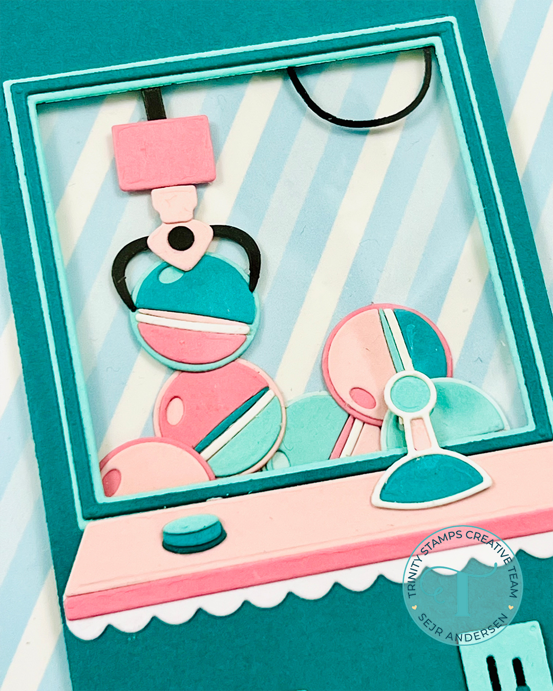 A Gashaphon machine birthday card in shades of teal and pink cardstock.